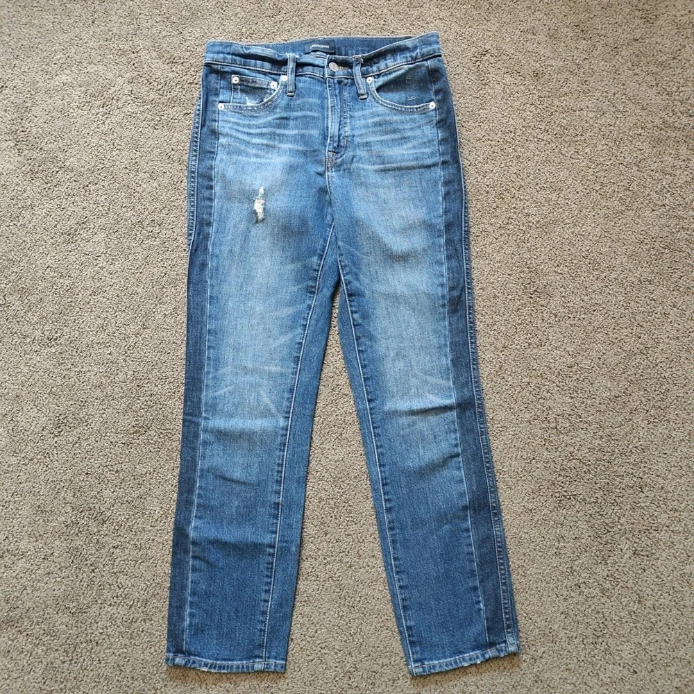 J.Crew Womens Tuxedo Stripe Distressed High Rise Straight Leg Jeans Blue Size 27
